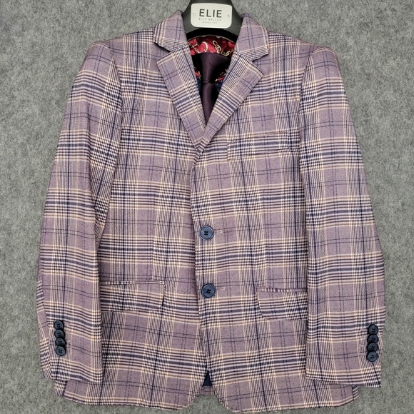 Elie Balleh Jacket Boys 6/7 Purple Plaid Suit Blazer Tie Pocket Square Easter